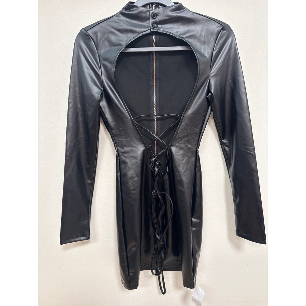 Edge by KS Faux Leather Open Back Lace Up Mini Dress Black Small DND50790
